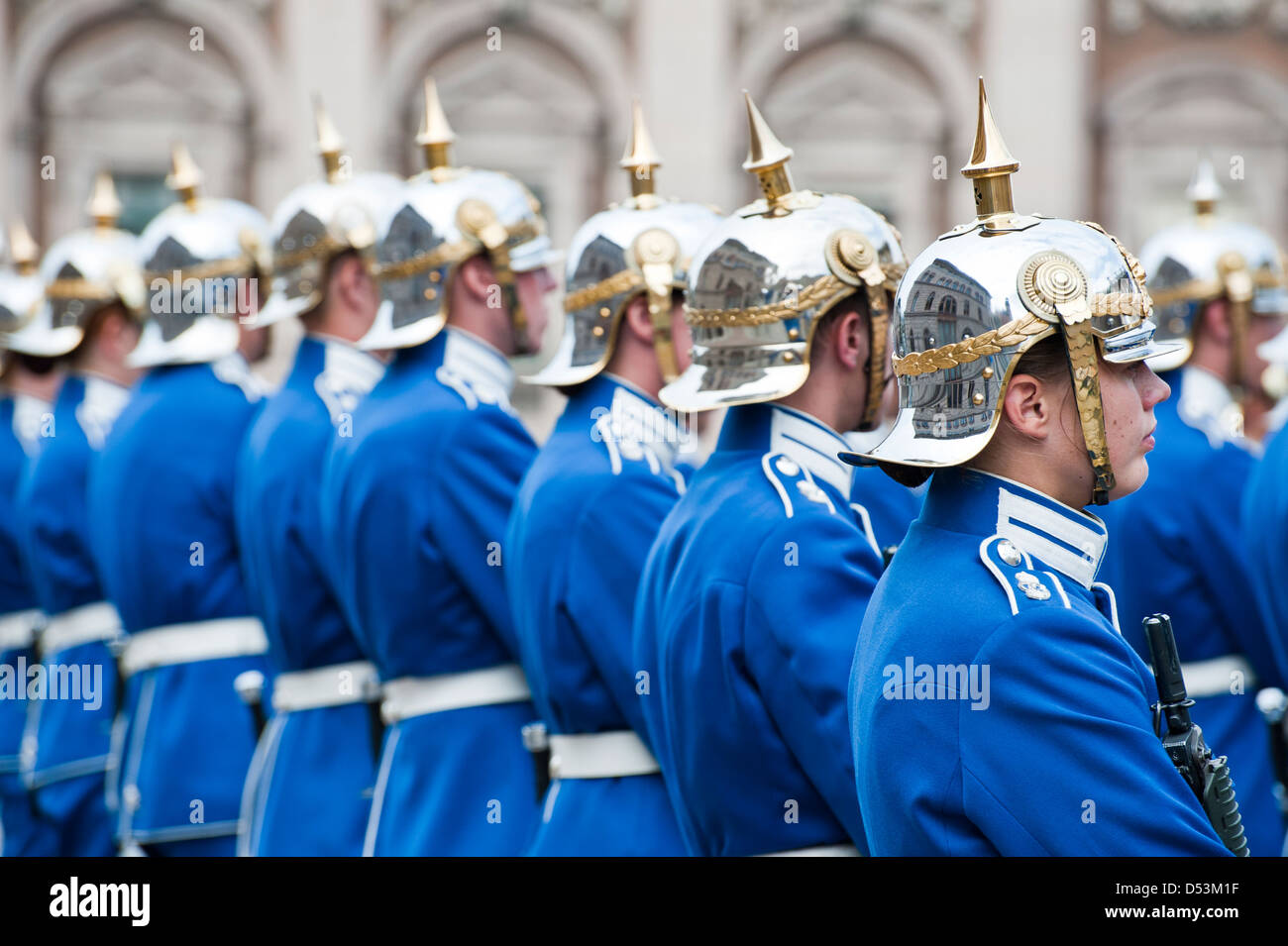 Changing the guard at the Royal Palace (Stockholms Slott /  Kungliga Slottet) in Stockholm. Stock Photo