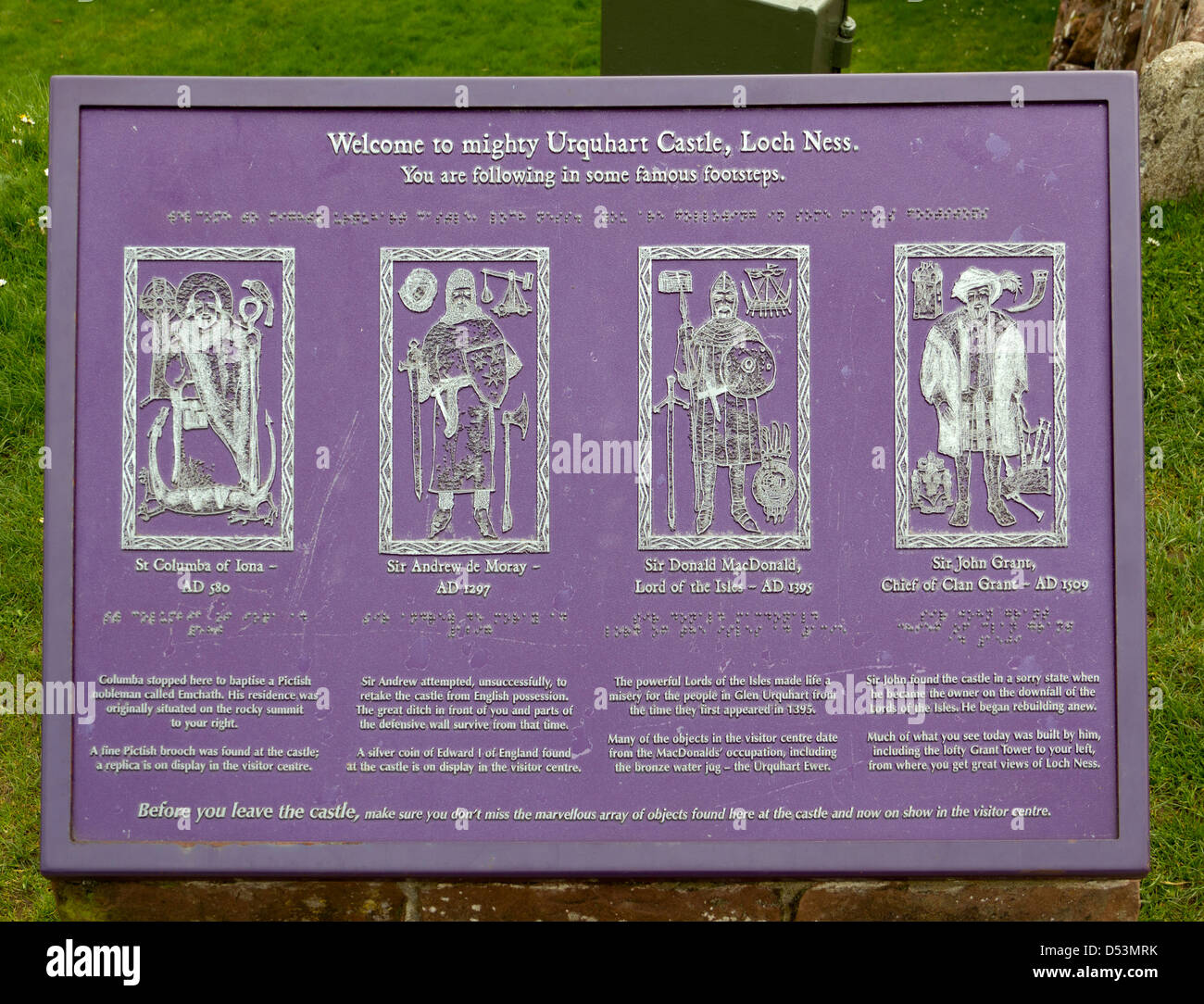 The plaque highlighting some influential people in the history of the historical Urquhart Castle in Scotland Stock Photo
