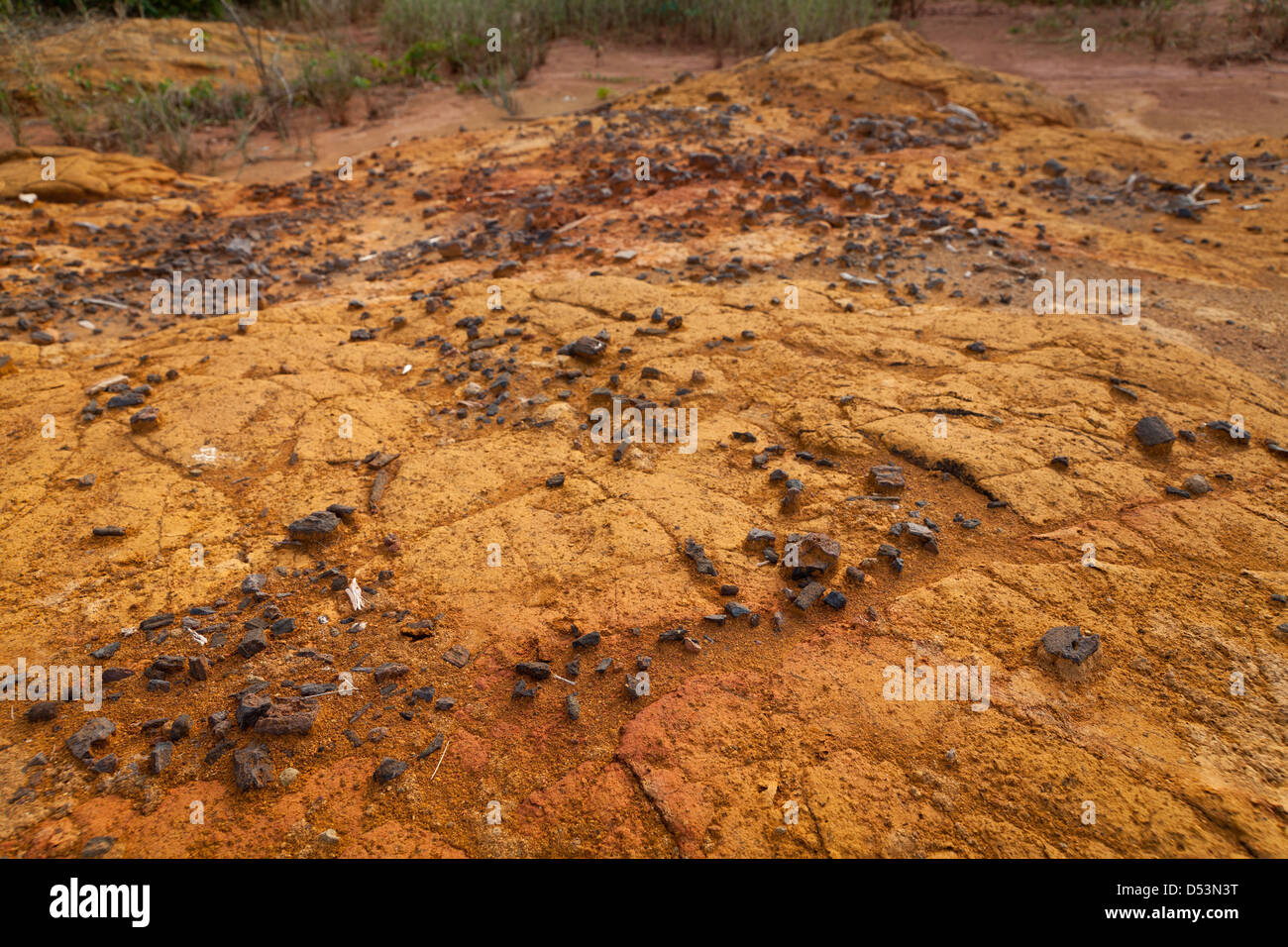 Coal on top of the soil, from ancient settlements, in Sarigua national park (desert), Herrera province, Republic of Panama. Stock Photo