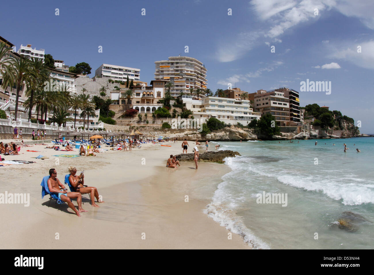 A crowded beach in the Spanish Balearic island of Mallorca Stock Photo ...