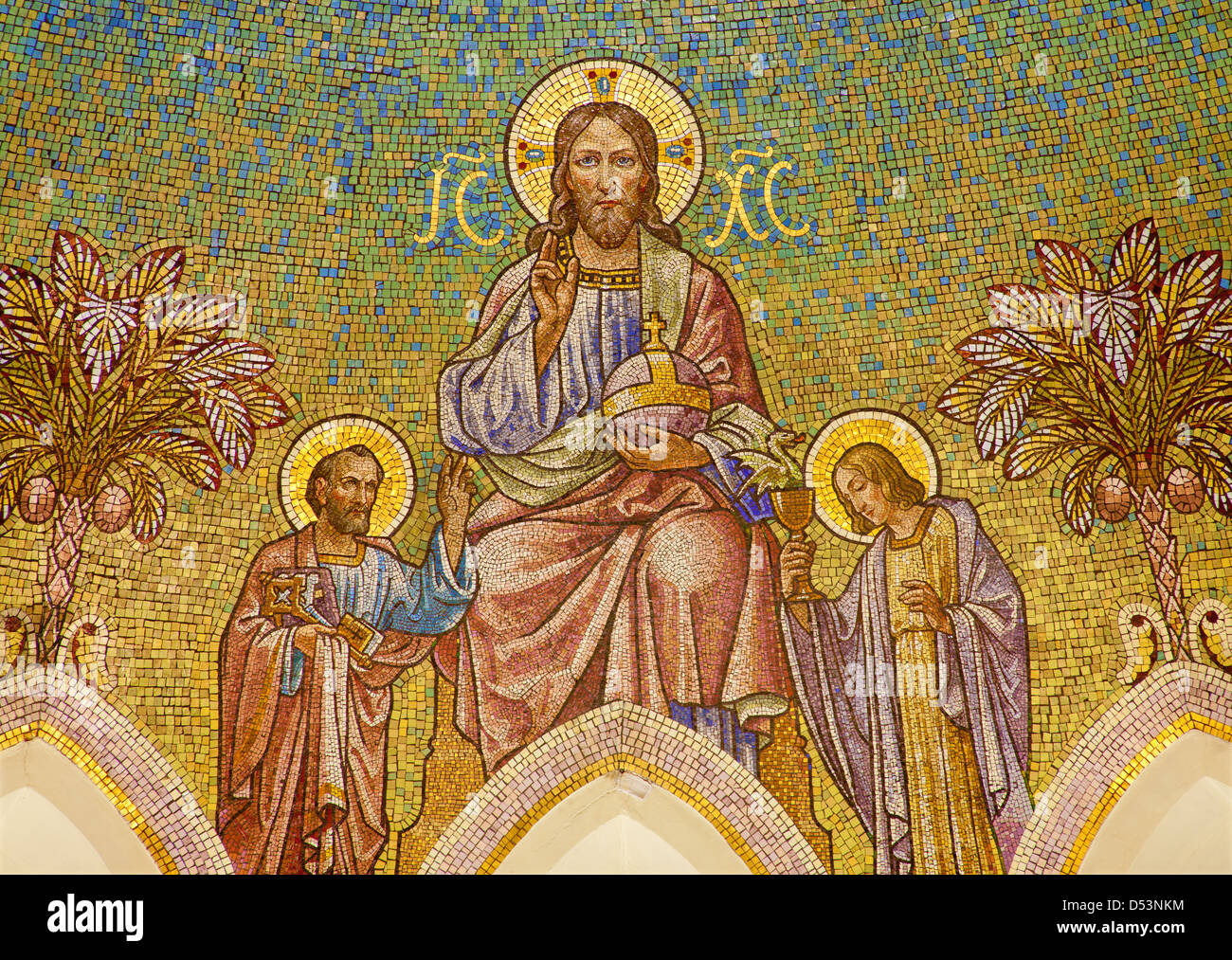 MADRID MARCH 9 Mosaic of Jesus Christ and apostle Peter and John
