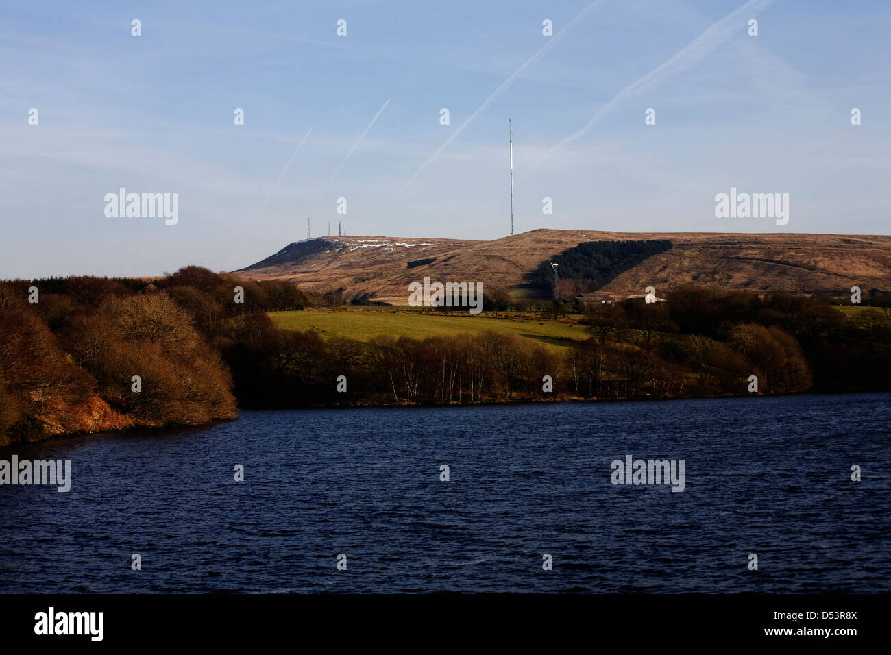 Television masts on top of Winter Hill in winter from the nearby