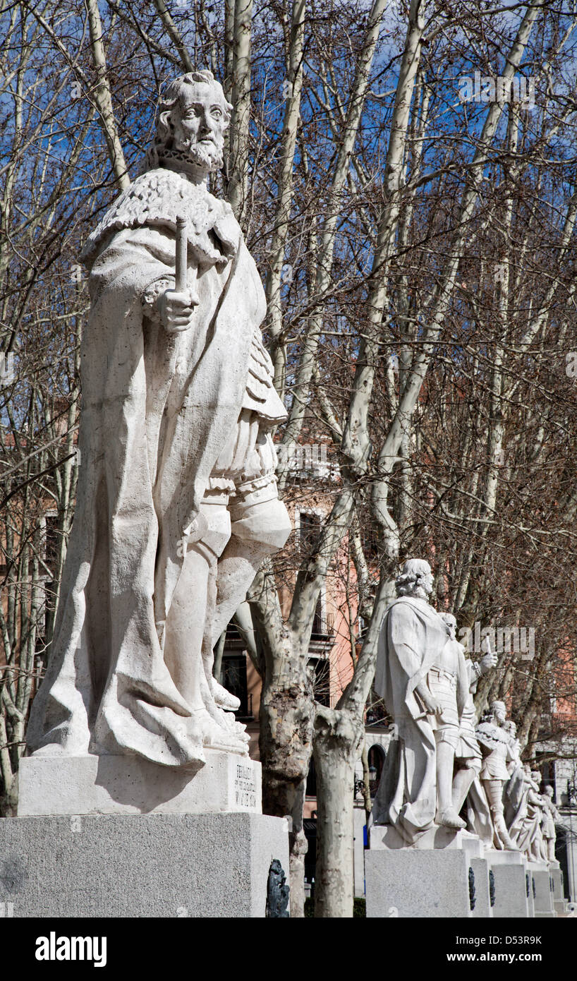 Madrid - The statues (19. cent.) depict Roman, Visigoth and Christian rulers from Plaza de Oriente Stock Photo