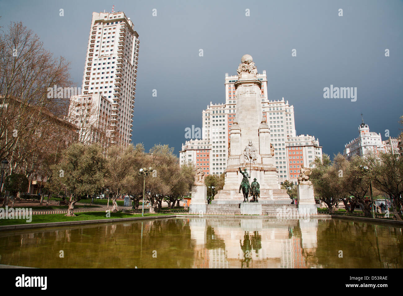 Madrid - Cervantes monument on Plaza Espana. Stock Photo