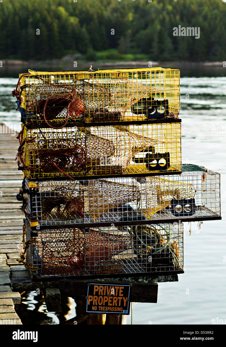 Lobster traps stacked on a dock in Beals Island, Maine. Stock Photo
