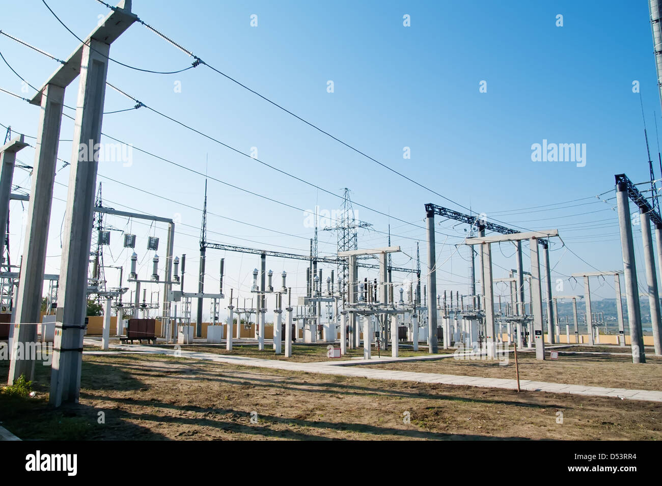 part of high-voltage substation with switches and disconnectors Stock Photo