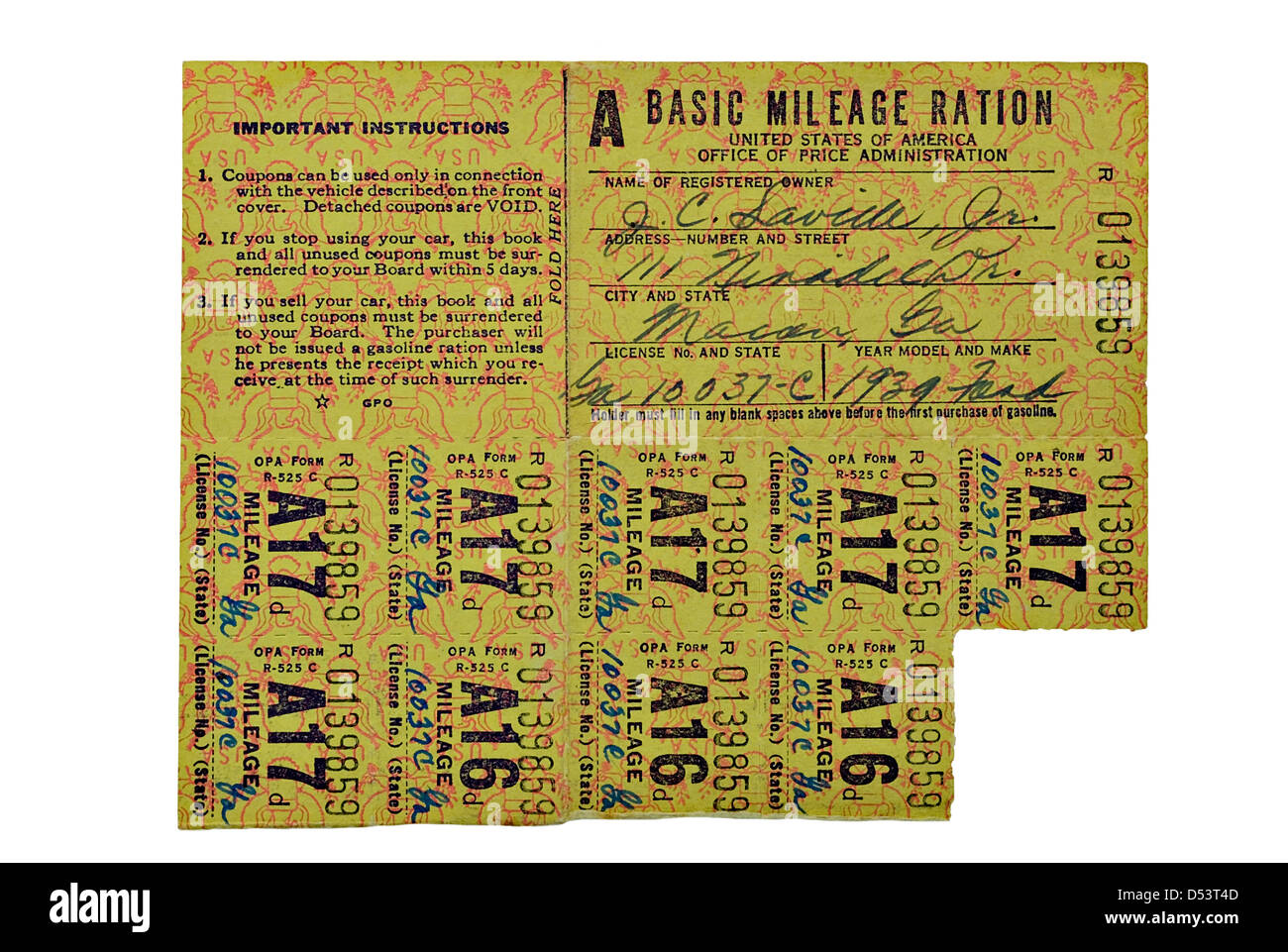 War ration coupons for gas used during the 1930's and 1940's. Stock Photo