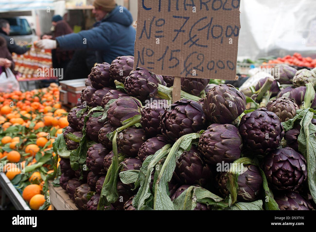 Artichokes for Sale at Farmers Market. Orvieto, Umbria, Italy. Stock Photo