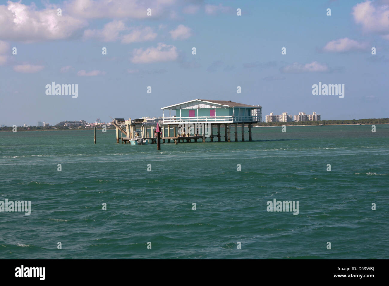 Stiltsville is a group of wood stilt houses located one mile south of Cape Florida, Biscayne Bay Stock Photo