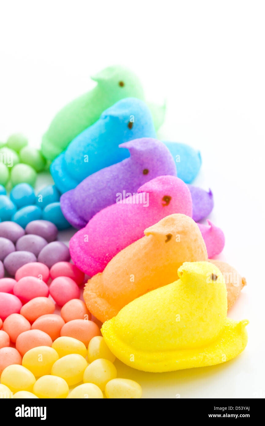 Rainbow color marshmallow peeps and jelly beans Stock Photo Alamy