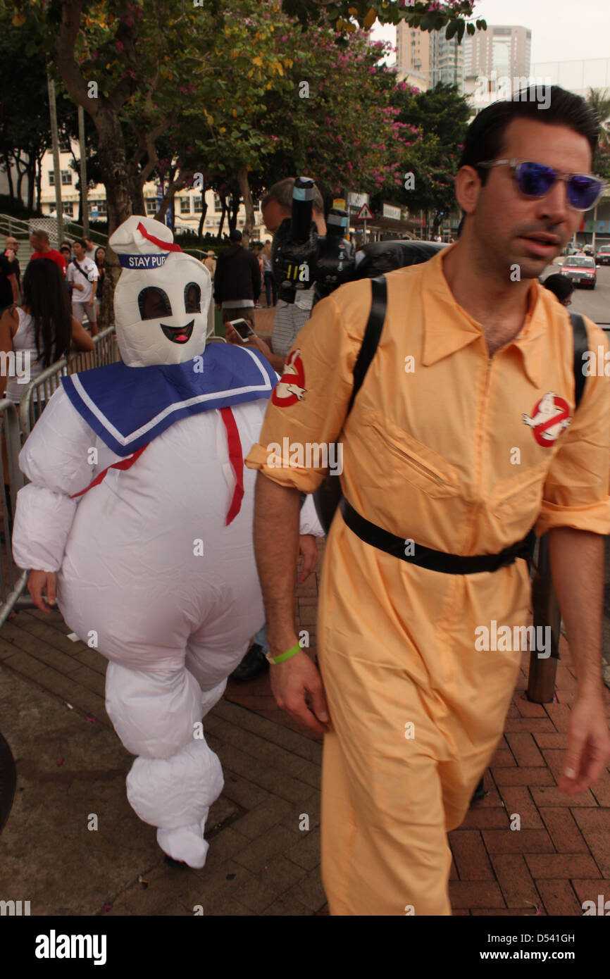 Hong Kong Rugby Sevens fans dressed as a ghostbuster and ghost Stock Photo