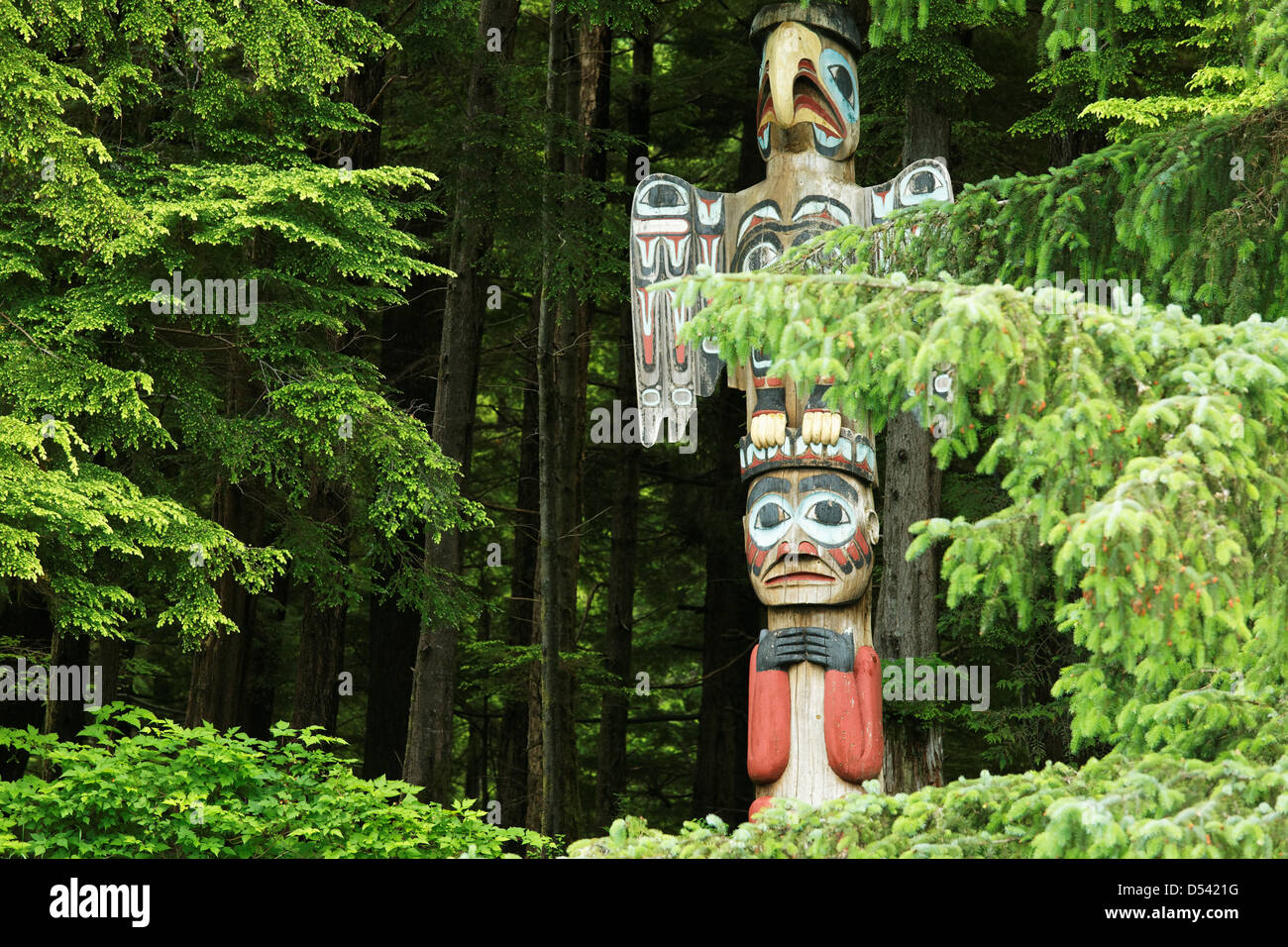 Replica of Thunderer's Pole totem pole, Totem Bight State Historical Park, Ketchikan, Alaska Stock Photo
