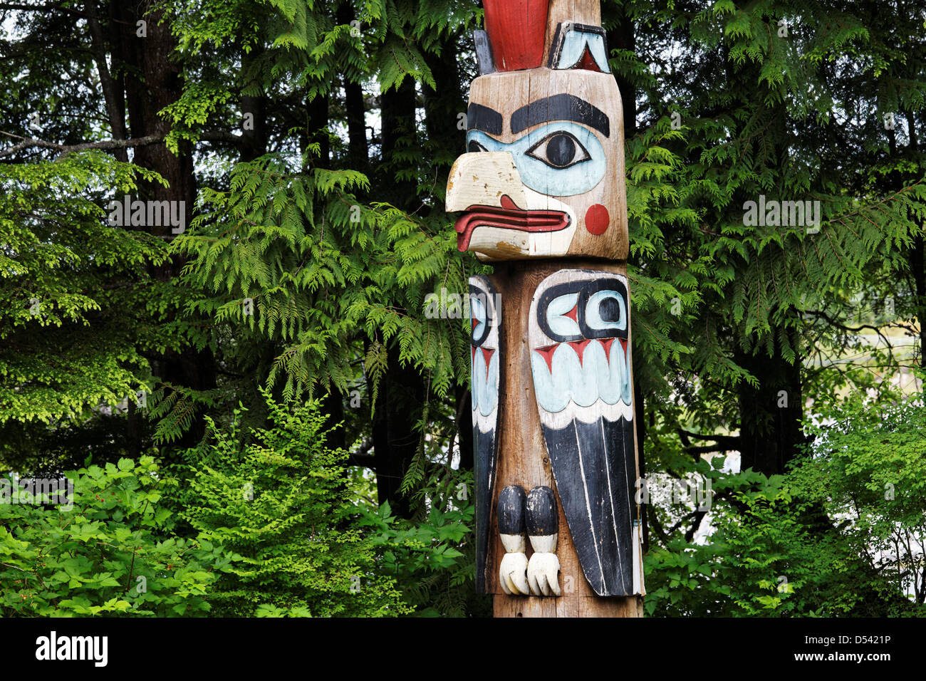 Replica of Raven at the Head of Nass totem pole, Totem Bight State Historical Park, Ketchikan, Alaska Stock Photo