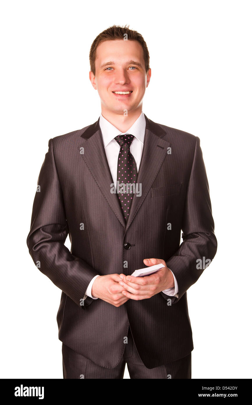 Young happy smiling businessman counting money isolated on white ...