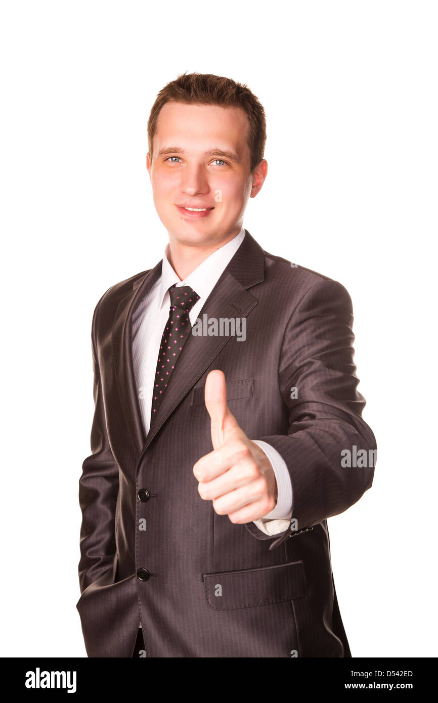 Happy smiling businessman with thumbs up gesture, isolated on white ...