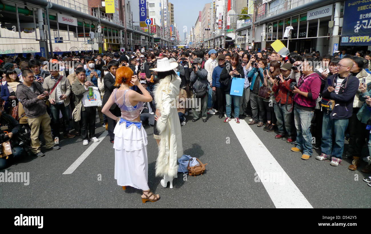 Osaka, Japan. 24th March, 2013. Thousands gather in the centre of Osaka on Sunday for the annual Nipponbashi Street Festa.The festa took place in Nipponbashi, Osaka's electronics district, more commonly known as Den-Den Town. Many streets were closed off to cater for the hordes of cosplay, manga and anime fans.Credit image: Trevor Mogg / Alamy Live News Stock Photo