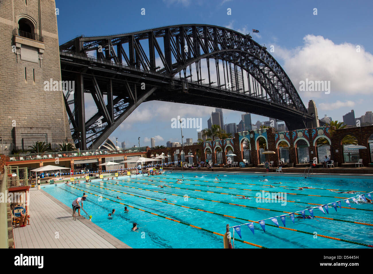 Olympic swimming pool beneath the Sydney Harbour Bridge, NSW, Australia Stock Photo