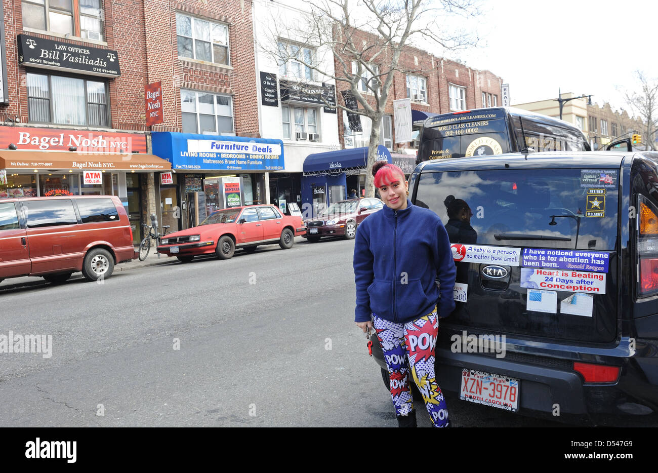 Erica, a U.S. Army veteran with her car, plastered with 'Right to Life' stickers. Astoria, Queens. March 23, 2013 Stock Photo