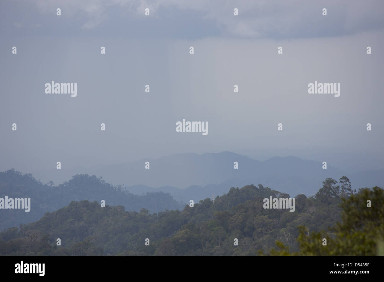 Dark clouds with falling rain over the forested hills of Pahang province, Malaysia Stock Photo