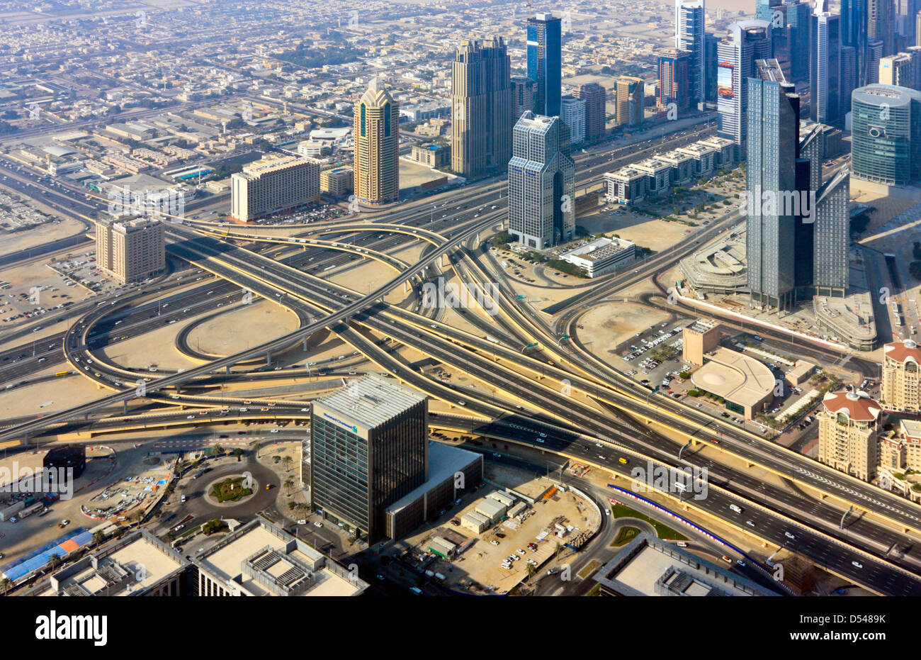 View from Burj al Khalifa onto the Dubai Mall Intersection, Dubai, United Arab Emirates Stock Photo