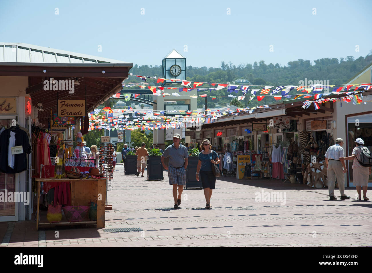 Knysna Waterfront shops decorated with bunting. Garden Route South