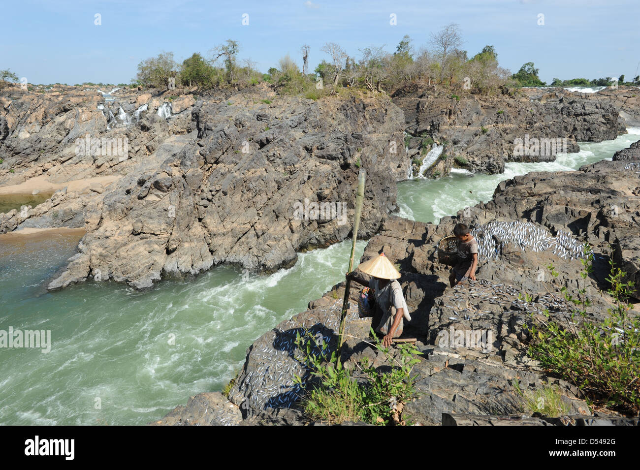 Tat Somphamit waterfall of river Mekong on Laos Stock Photo