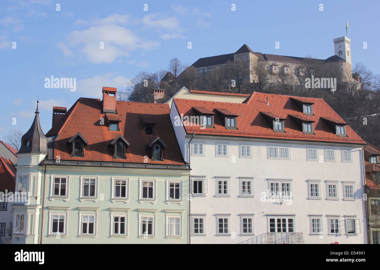 Urban buildings and the castle in the background, Ljubljana, Slovenia Stock Photo