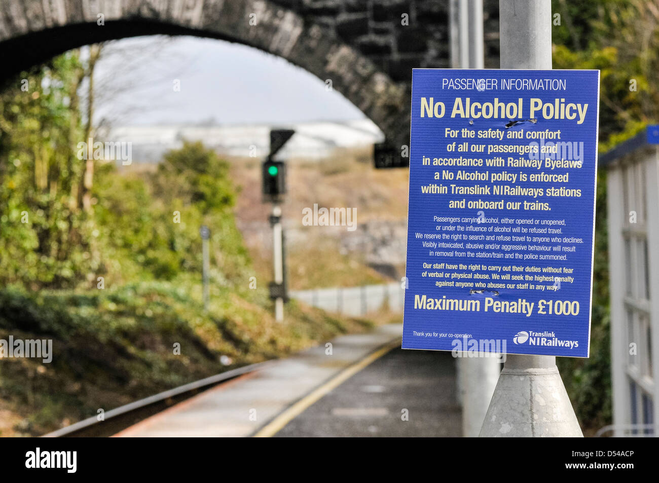 A sign at a NI Railways station warning against the possession of alcohol. Stock Photo