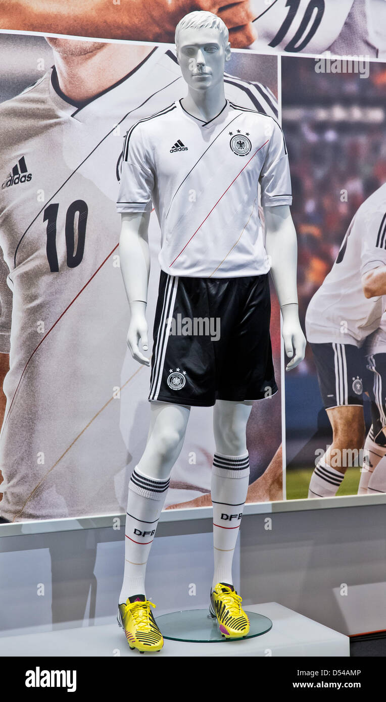 The home jersey of the German national soccer team is on display