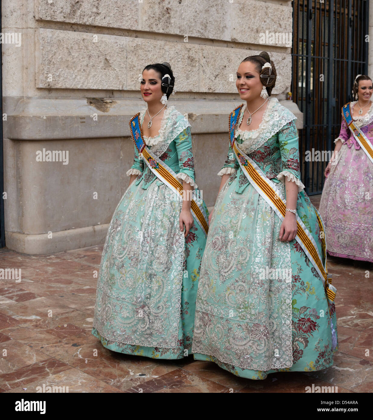 Spanish Girls in Fallera Costumes. Stock Photo