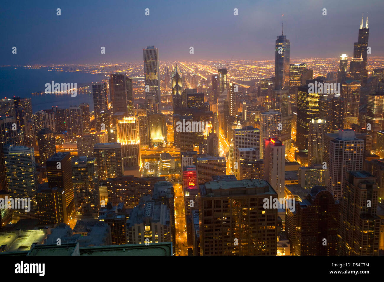 Chicago at twilight from the 94th floor of the John Hancock Building, Chicago, Illinois Stock Photo