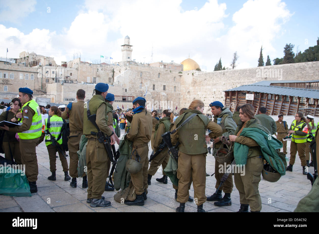 Soldiers in training near the Western (Wailing) Wall showing the Dome of the Rock in distance, Jerusalem, Israel, Middle East Stock Photo