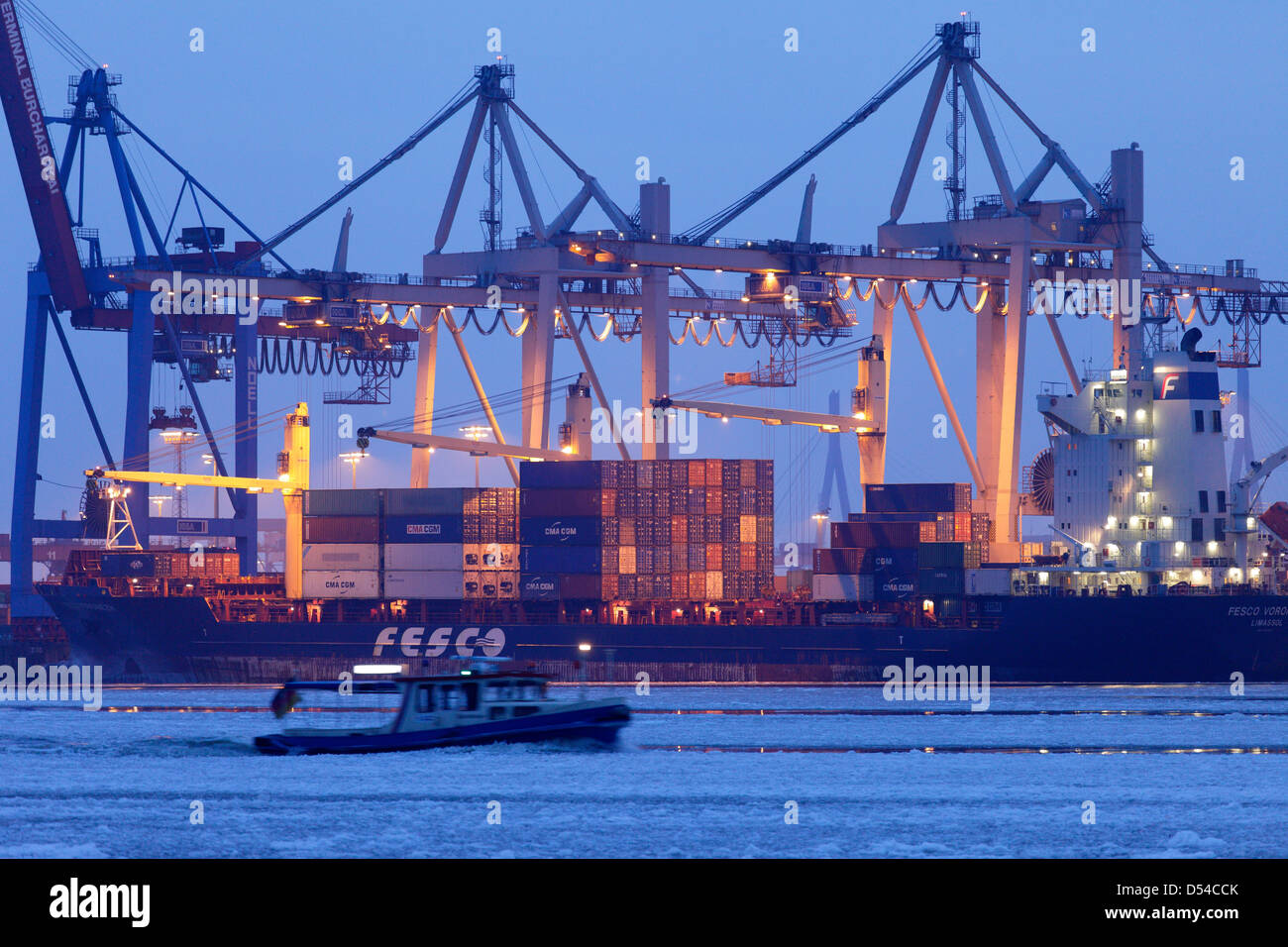 Hamburg, Germany, on Burchardkai container ship in Hamburg harbor Stock Photo