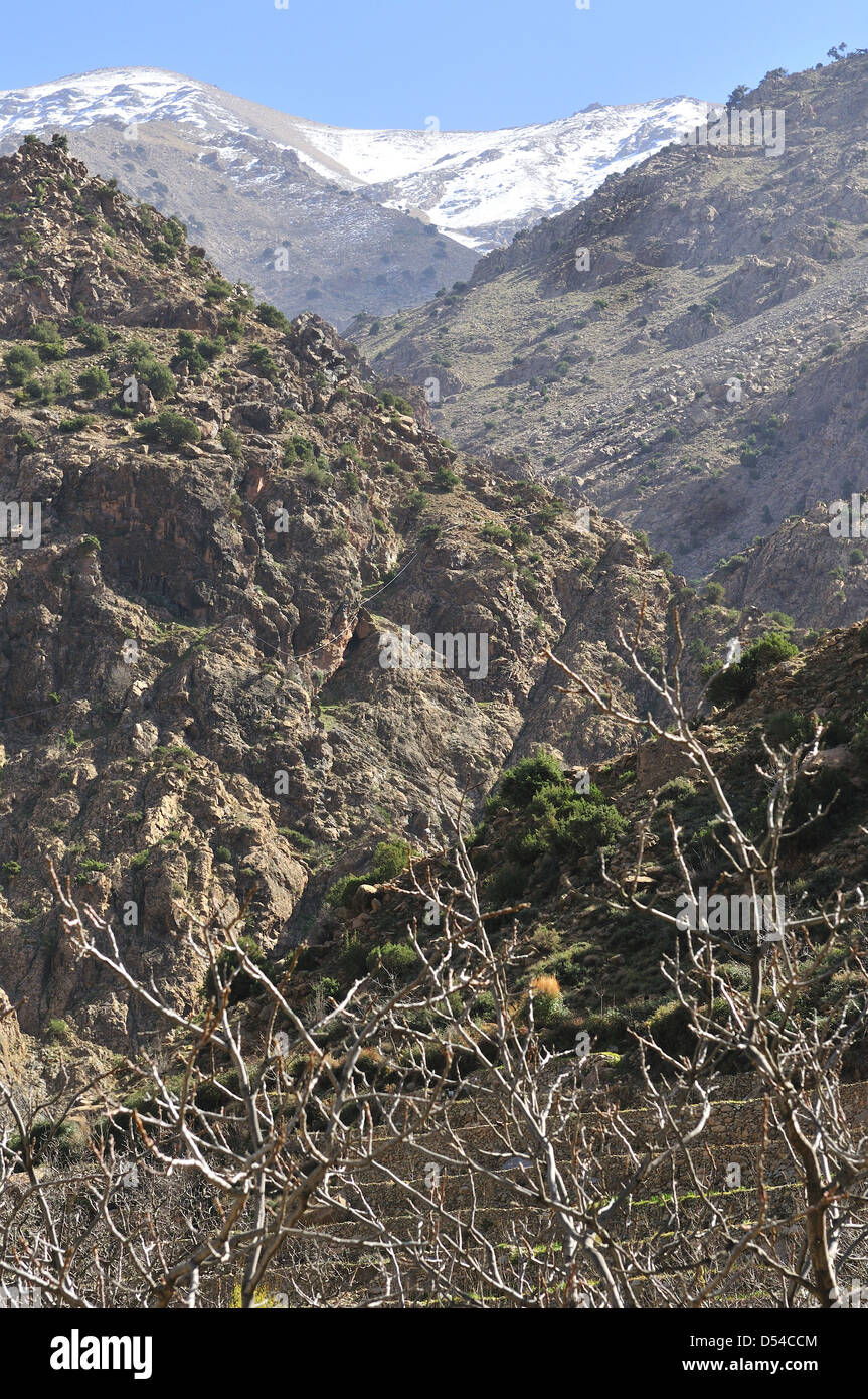 vista towards the High Atlas Mountains on route to Setti Fatma near Cascades Ourika Setti Fatma , Ourika Valley ,Morocco Stock Photo