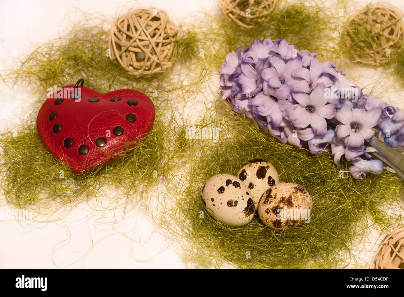Easter eggs in nest, blue hyacinth, read heart and wooden balls Stock Photo