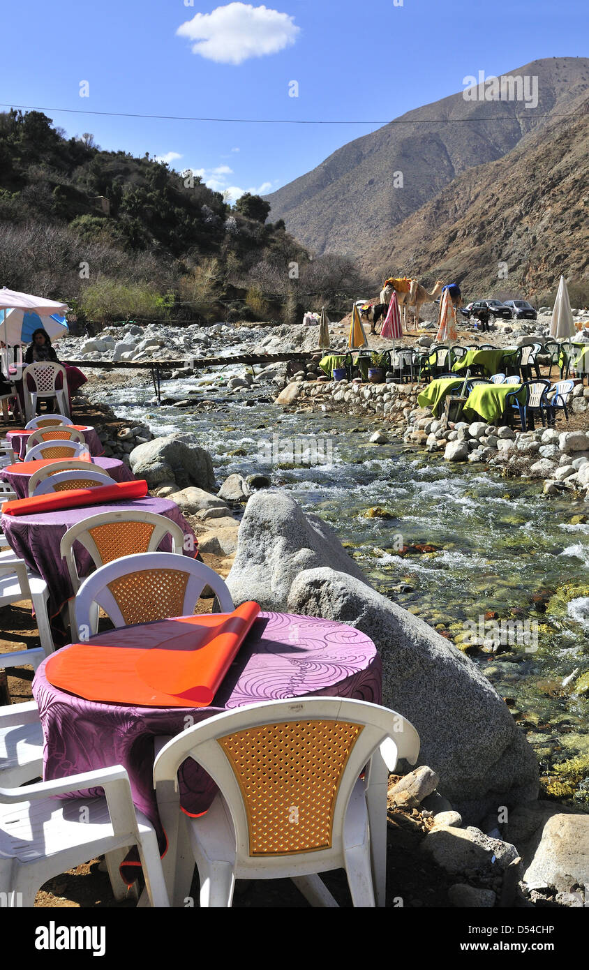 Riverside cafes and restaurants line the riverside in the popular village of Setti Fatma near the Cascades, Ourika Valley ,Morocco Stock Photo