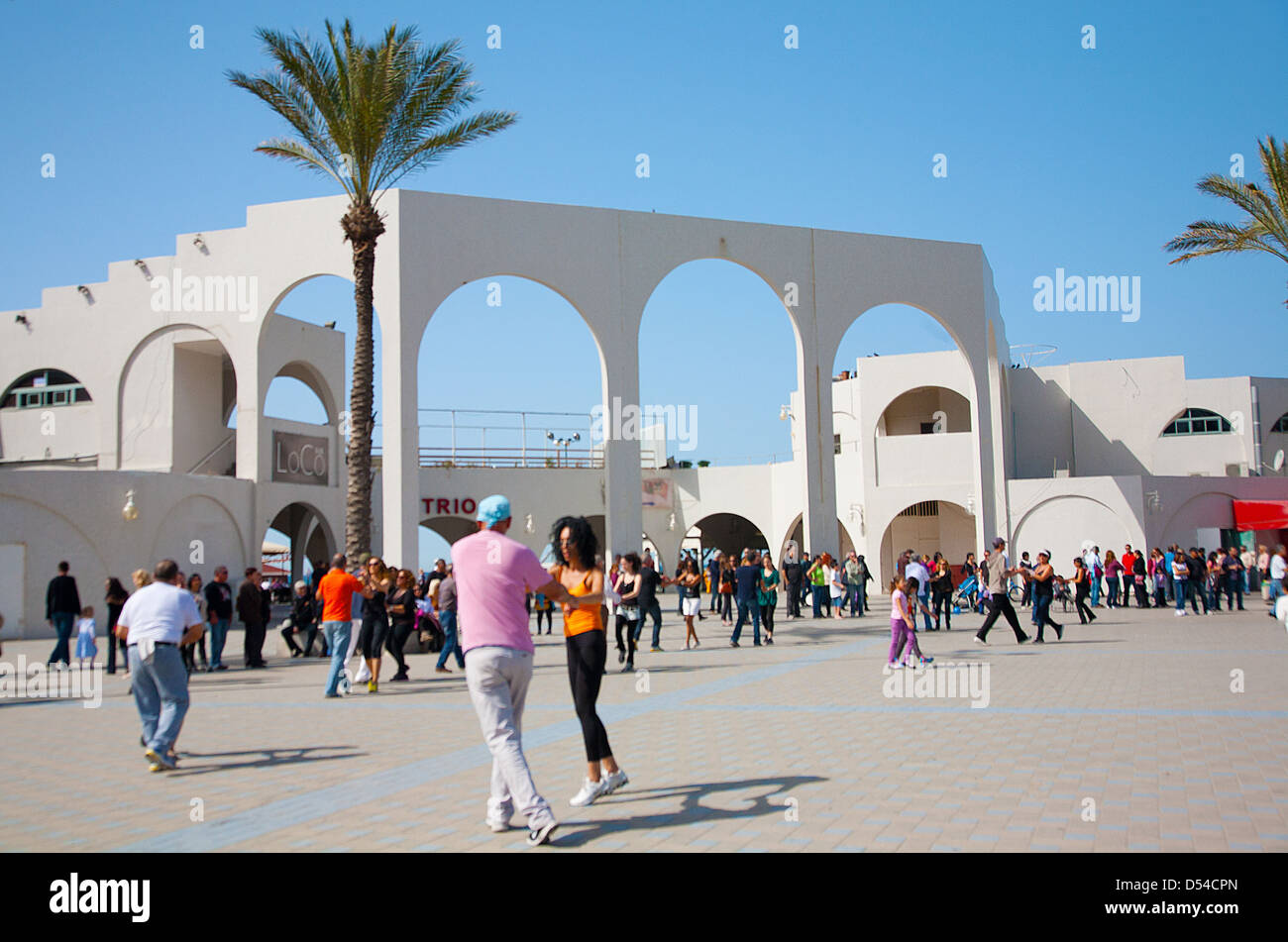 Local dancers on sea-front promenade near Ashdod beach, Ashdod, Israel, Middle East Stock Photo
