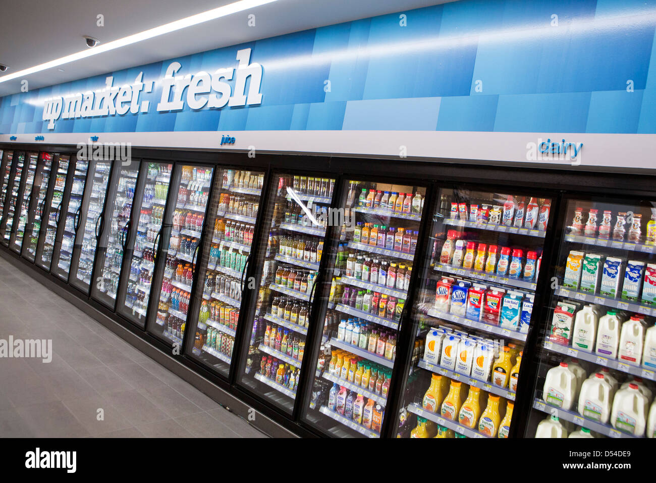 Milk, soft drinks and other beverages on display at a Walgreens
