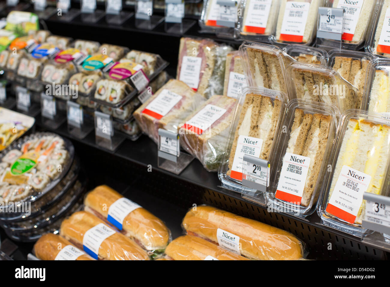 Pre-made sandwiches on display at a Walgreens Flagship store. Stock Photo
