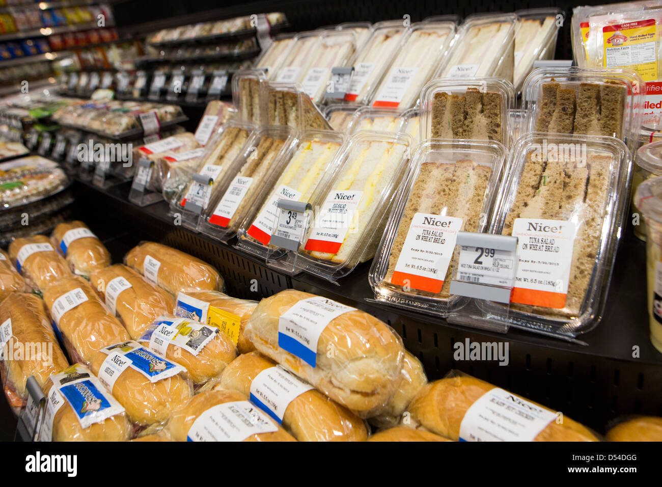 Pre-made sandwiches on display at a Walgreens Flagship store. Stock Photo
