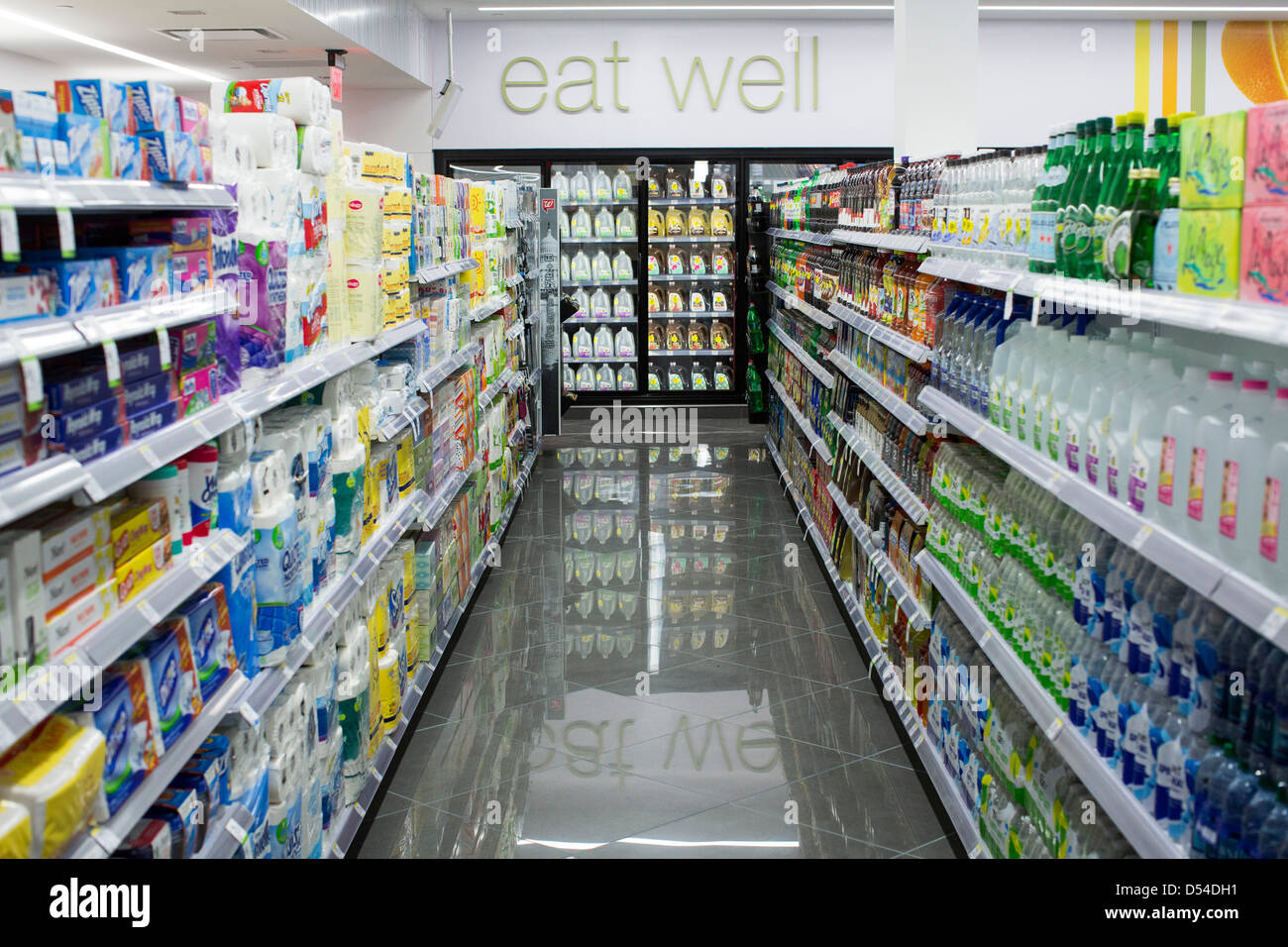 Grocery products on display at a Walgreens Flagship store. Stock Photo