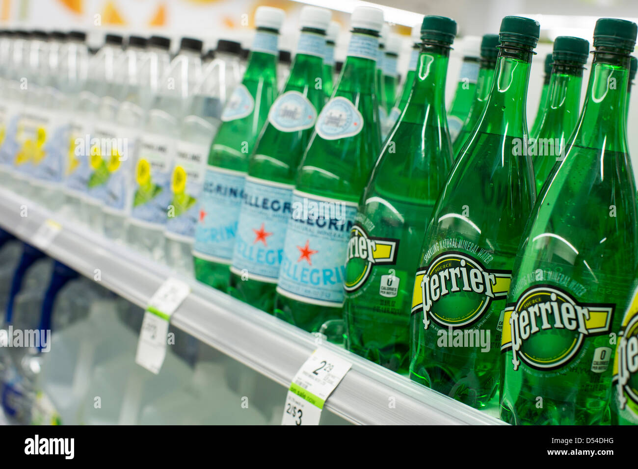 Perrier and San Pellegrino bottled water on display at a Walgreens Flagship store. Stock Photo