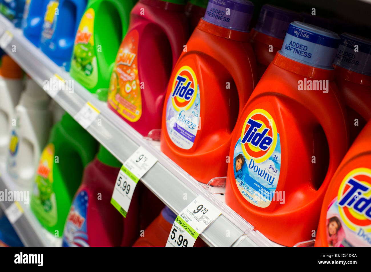 Tide laundry detergent on display at a Walgreens Flagship store.  Stock Photo