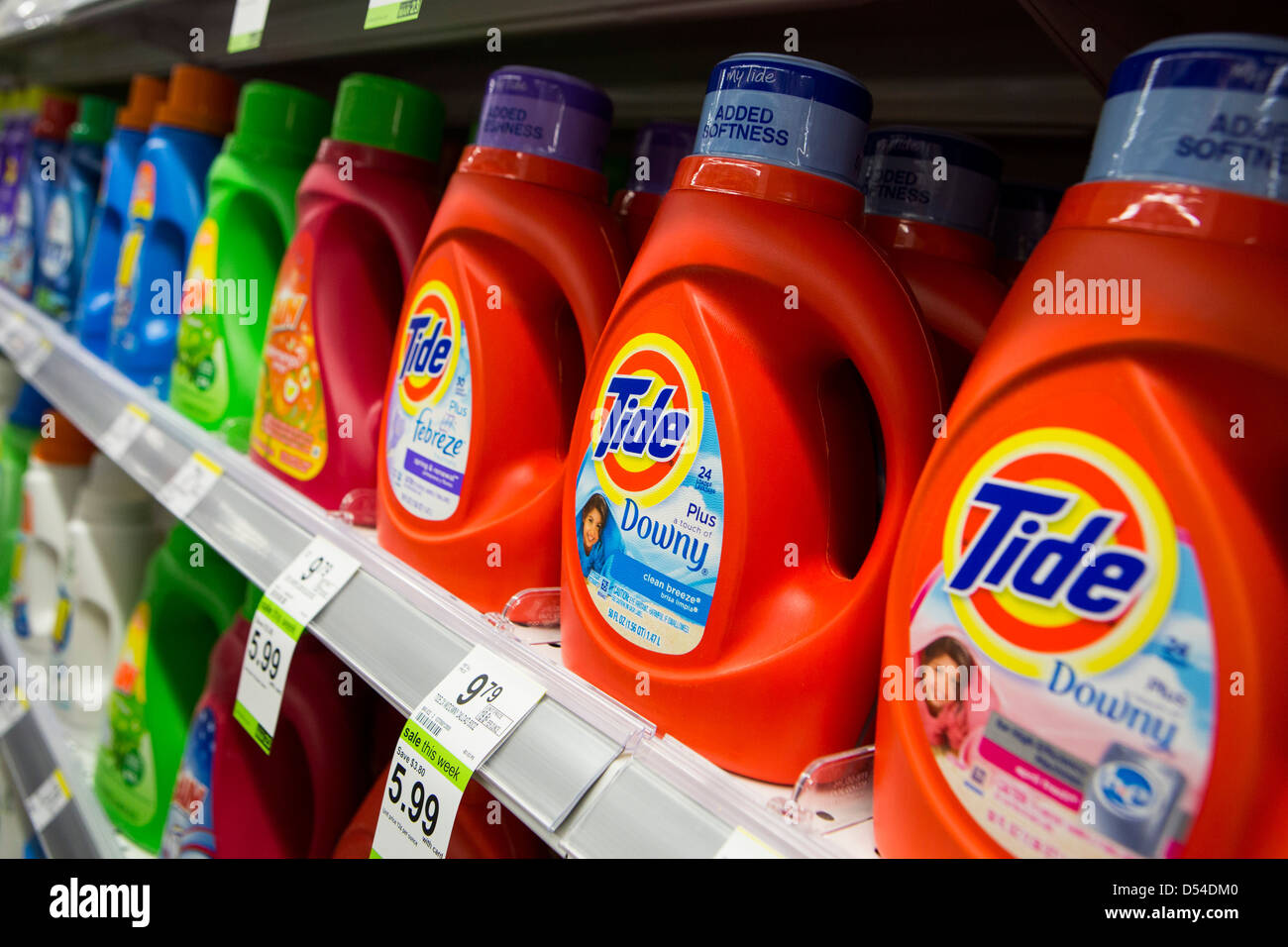 Tide laundry detergent on display at a Walgreens Flagship store.  Stock Photo