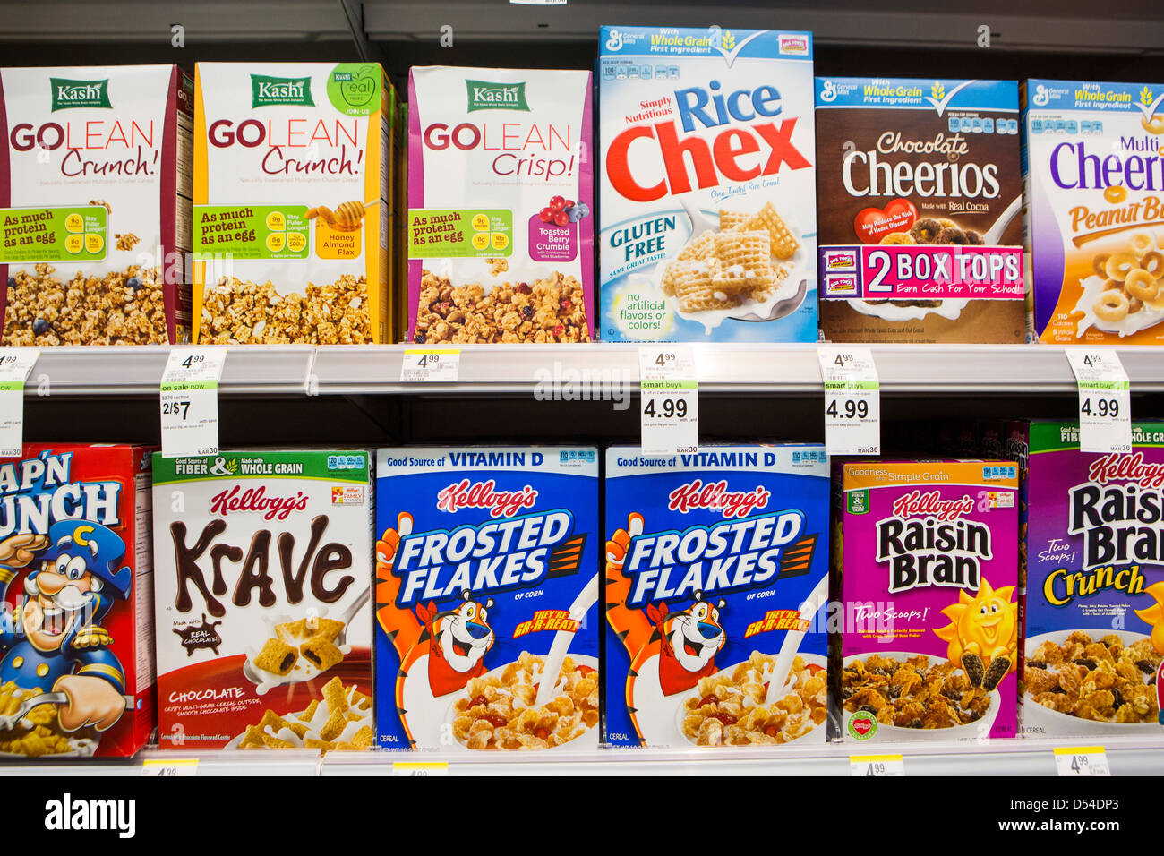 Frosted Flakes and other breakfast cereals on display at a Walgreens Flagship store. Stock Photo
