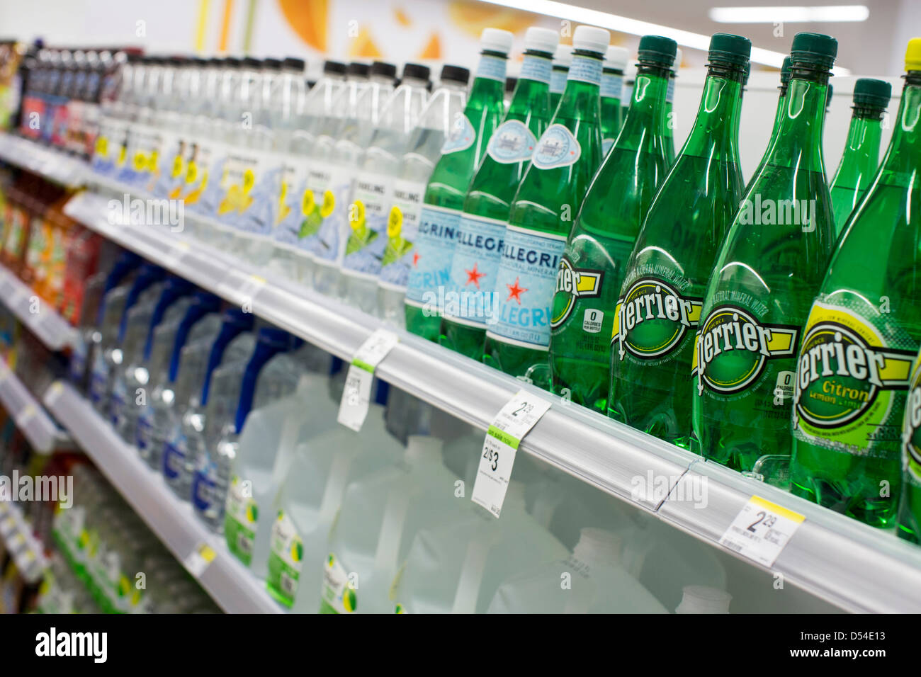 Perrier and San Pellegrino bottled water on display at a Walgreens Flagship store. Stock Photo