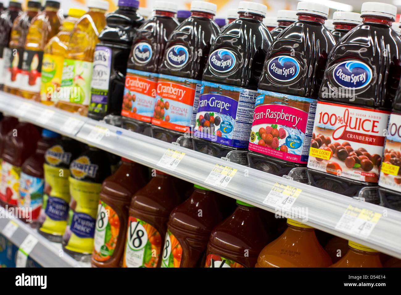 Ocean Spray and other juice products on display at a Walgreens Flagship store. Stock Photo