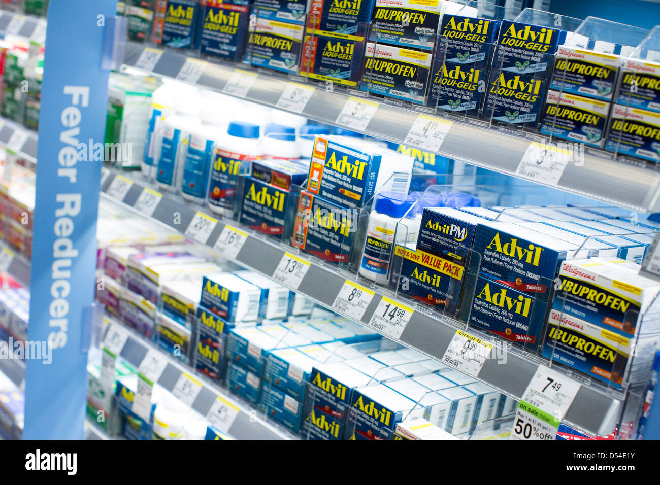Advil pain relievers on display at a Walgreens Flagship store.  Stock Photo