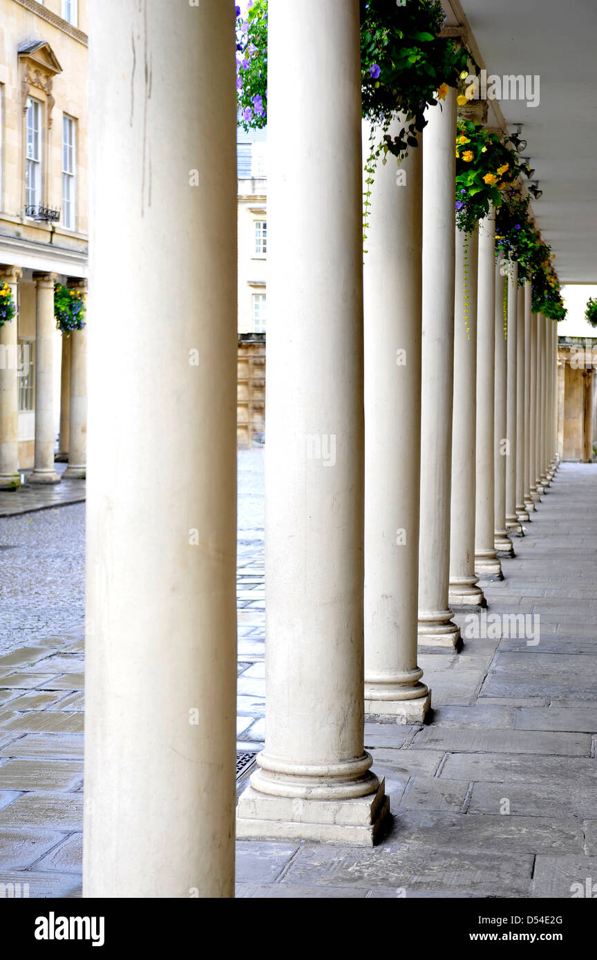 A series of columns in the city of Bath England on a covered pavement with baskets of flowers Stock Photo