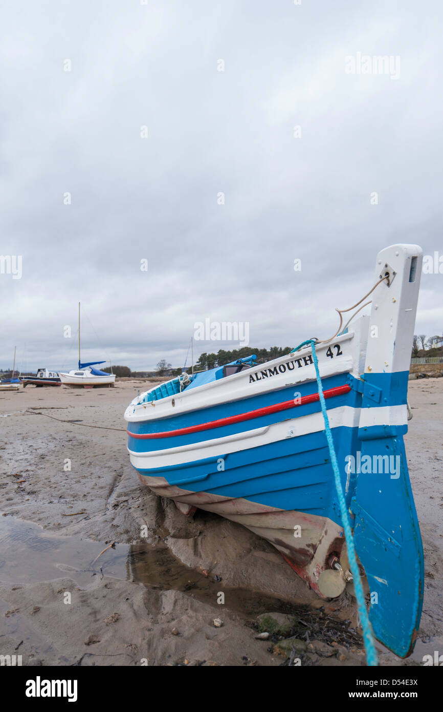 Alnmouth wooden fishing boat moored on the tidal River Aln Estuary ...